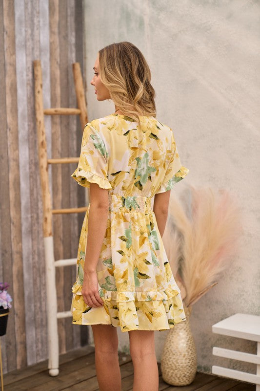 1813- Yellow Floral Dress w/ Front Tie Closure & Ruffles