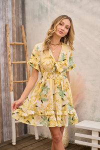 1813- Yellow Floral Dress w/ Front Tie Closure & Ruffles