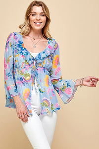 1886- Blue Floral Front Tie Top