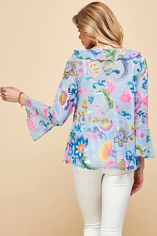 1886- Blue Floral Front Tie Top