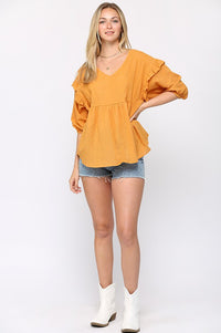 802- Mustard Sheer Cotton Ruffle Detail Top