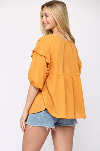 802- Mustard Sheer Cotton Ruffle Detail Top