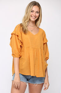 802- Mustard Sheer Cotton Ruffle Detail Top