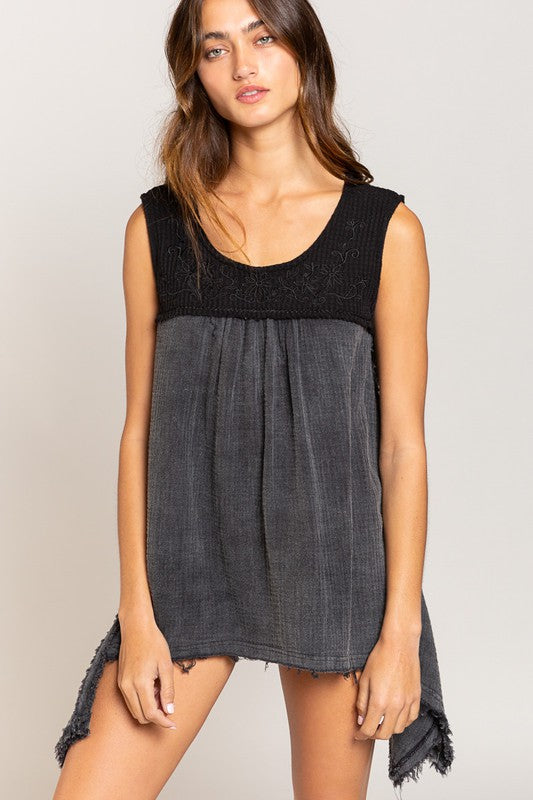 463- Black Handkerchief Top w/ Embroidered Detail