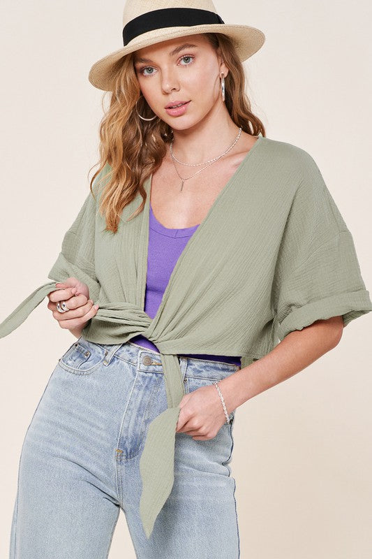 1032- Sage Tie-Front Top w/ Textured Fabric