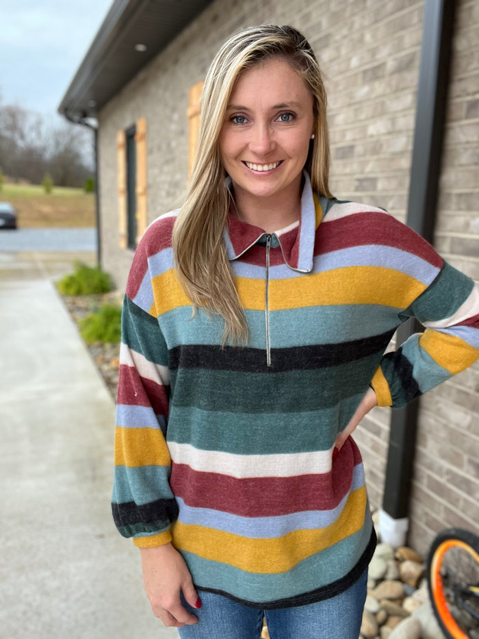 7282- Multi Pattern Stripe 1/4 Zip Turtle Neck