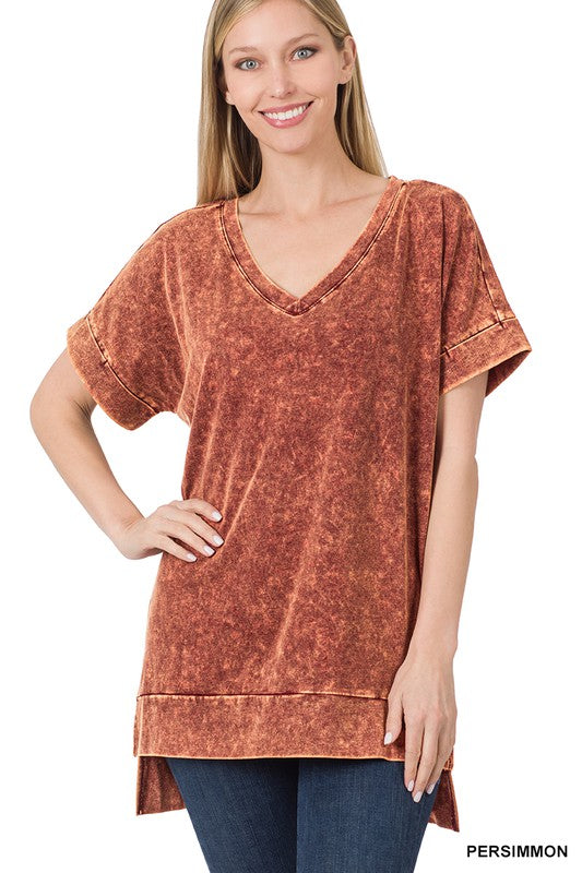 842- Persimmon Mineral Wash V-Neck Top