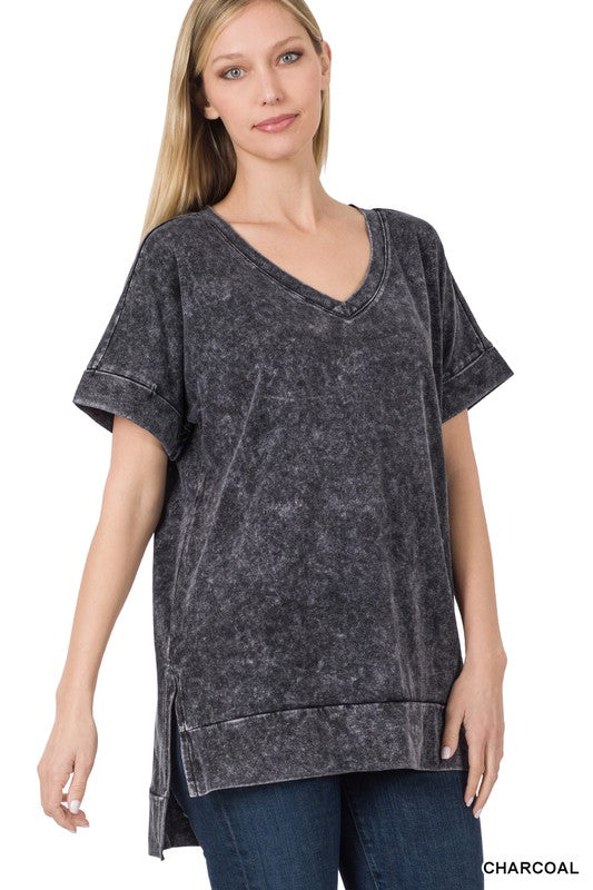 840- Charcoal Mineral Wash V-Neck Top