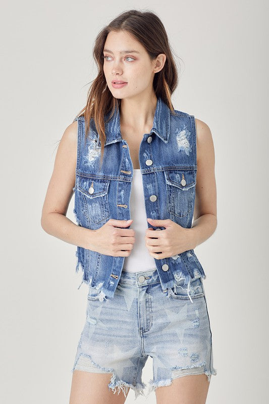 6315- Dark Wash Distressed Denim Vest