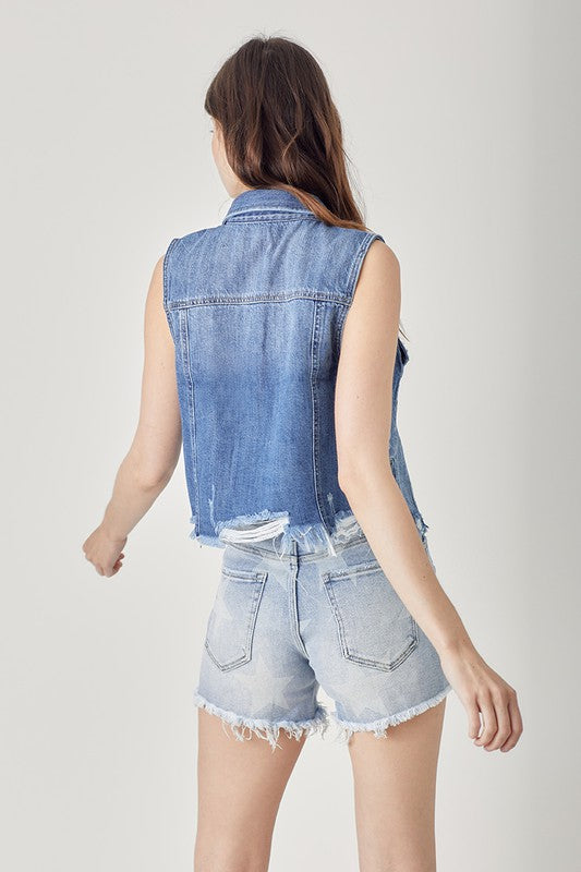 6315- Dark Wash Distressed Denim Vest