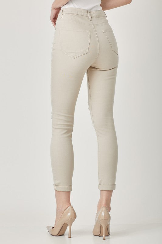 6809- Khaki Distressed Relaxed Skinny Jeans