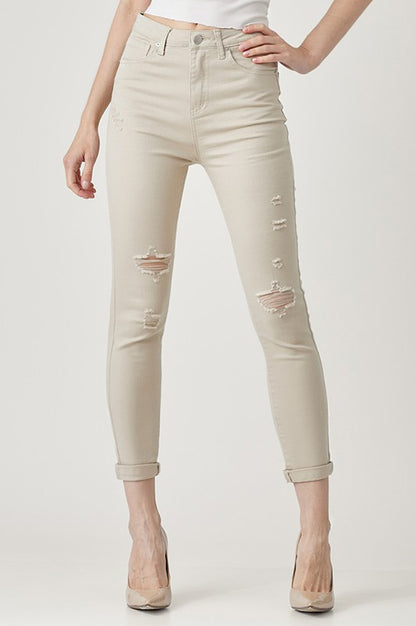 6809- Khaki Distressed Relaxed Skinny Jeans