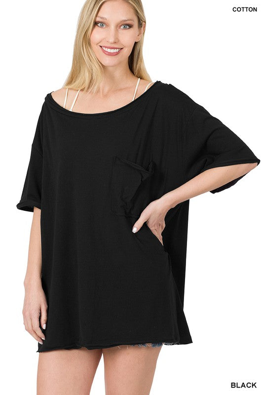 836- Black Oversized Raw Edge Boyfriend Tee