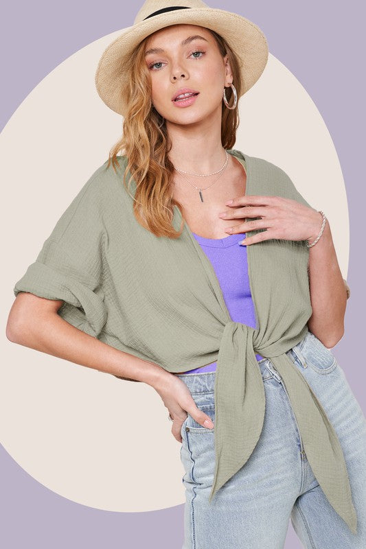 1032- Sage Tie-Front Top w/ Textured Fabric