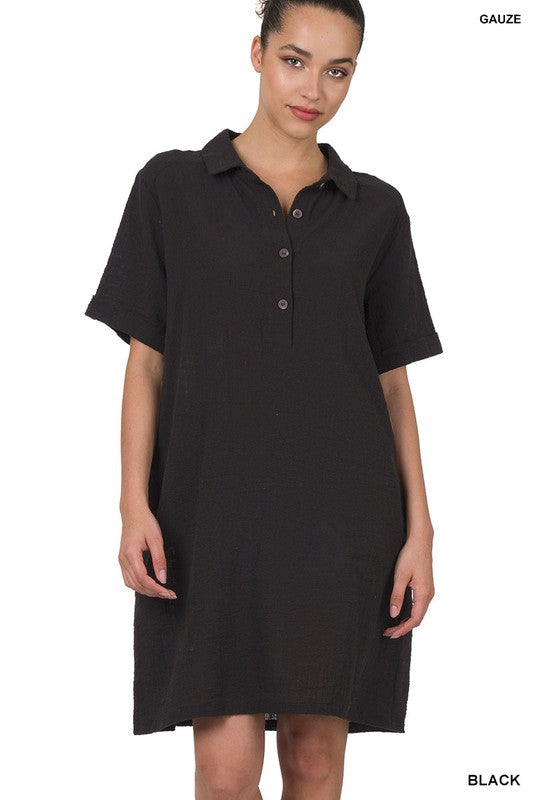 7303- Black Gauze Button Down Shirt Dress