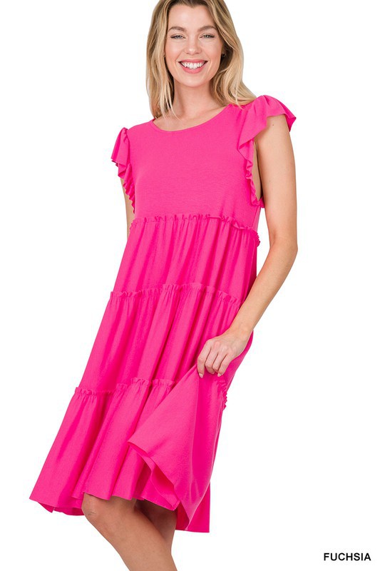 1774- Fuchsia Ruffle Sleeve Tier Dress