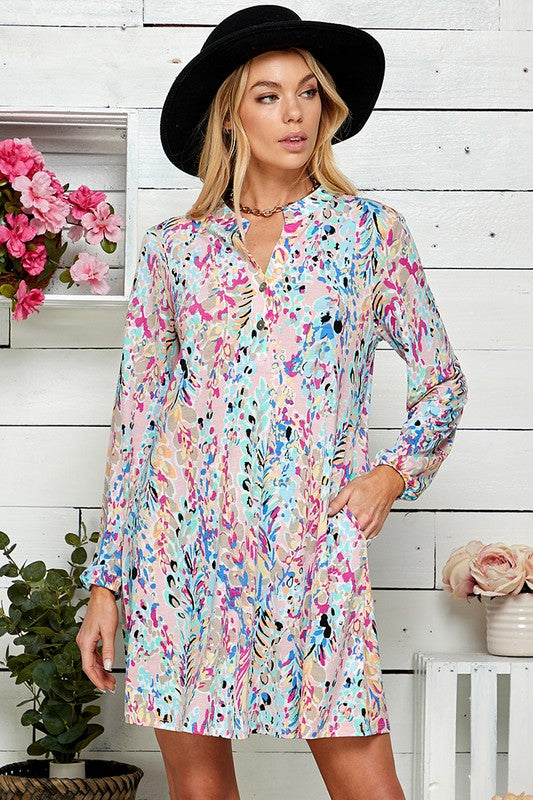 1218- Multi Color Floral Print V-Neck Long Sleeve Light Weight Dress w/ Pockets