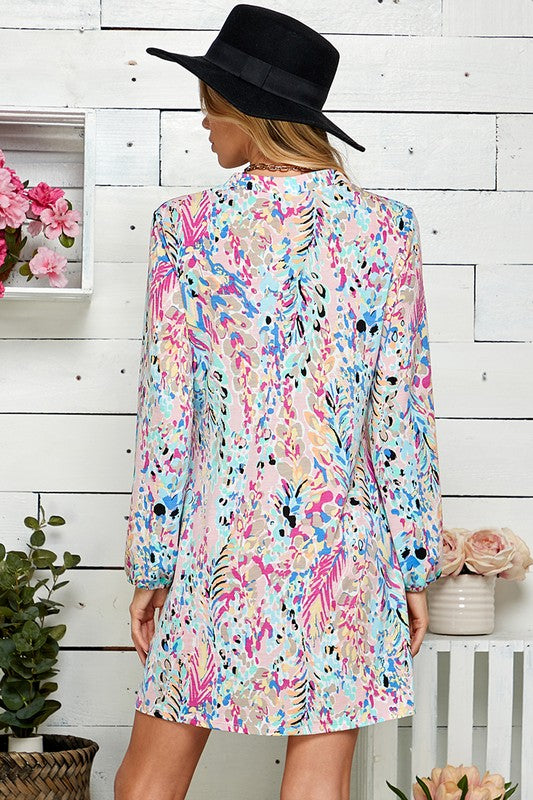 1218- Multi Color Floral Print V-Neck Long Sleeve Light Weight Dress w/ Pockets