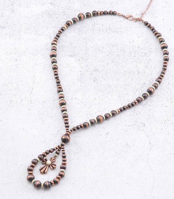 7043- Copper Beaded Necklace w/ Cross Detail