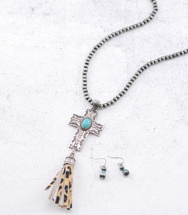 7069- Western Cross Leopard Tassel Necklace