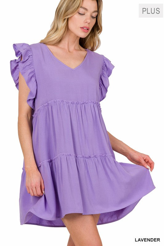 1316- Lavender Woven Tier V-Neck Dress w/ Ruffle Sleeves