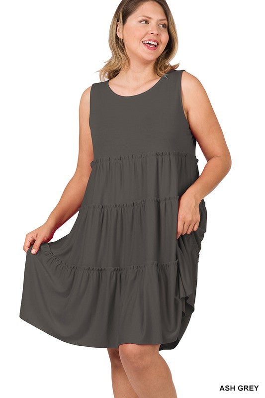 1715- Ash Grey Sleeveless Tier Tank Dress