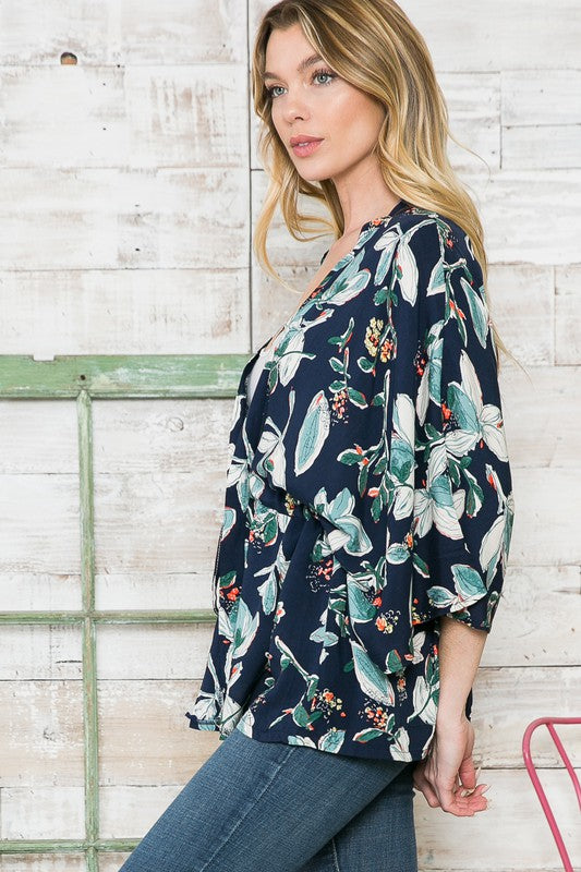 6447- Navy Blue w/ Floral Print Kimono