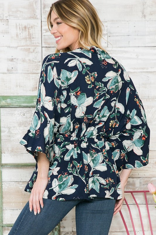 6447- Navy Blue w/ Floral Print Kimono