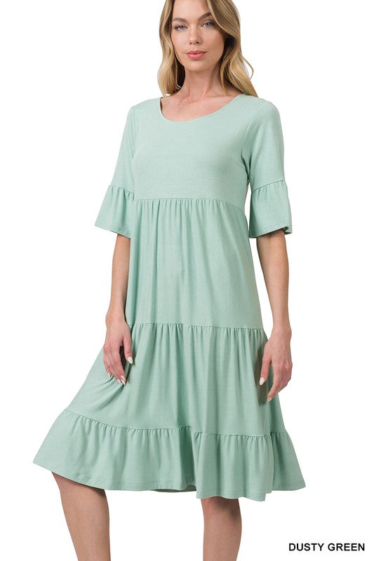 7631- Dusty Green Ruffle Sleeve Tier Dress