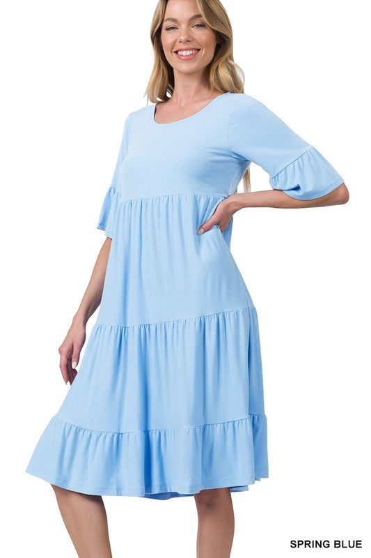 7729- Spring Blue Tier Ruffle Sleeve Short Sleeve Dress