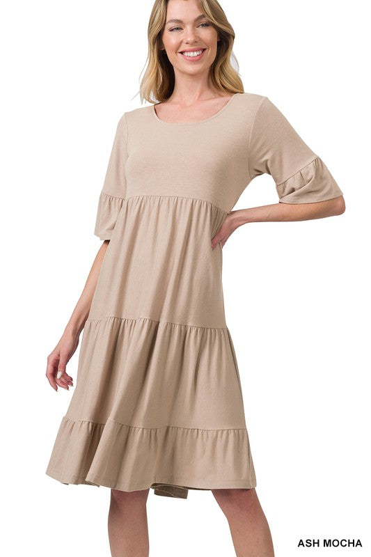 7644- Ash Mocha Ruffle Sleeve Tier Short Sleeve Dress