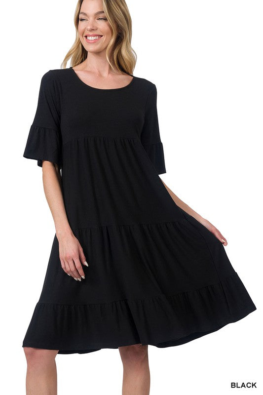 7355- Black Ruffle Sleeve Tier Dress