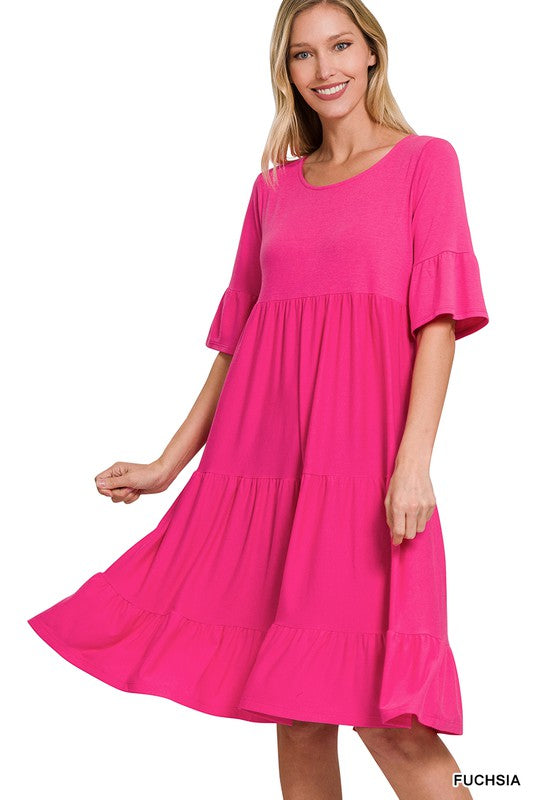 7412- Fuchsia Ruffle Sleeve Tier Dress