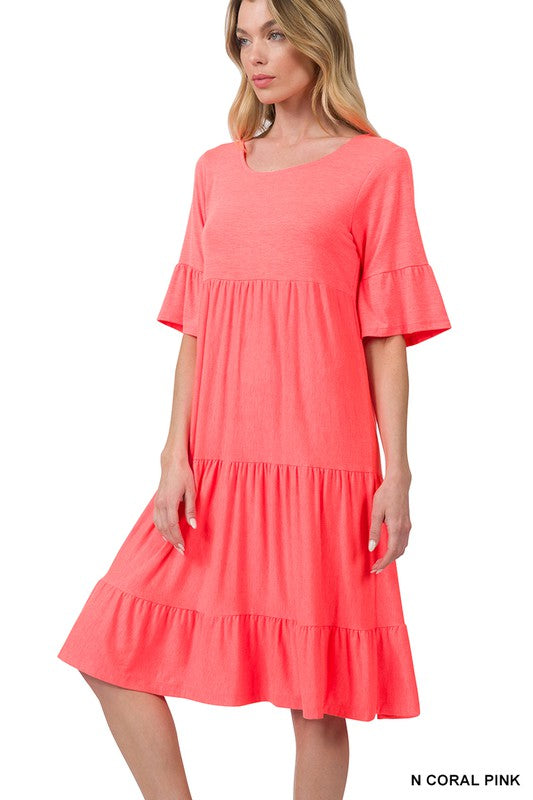 7360- Coral Pink Ruffle Sleeve Tier Dress