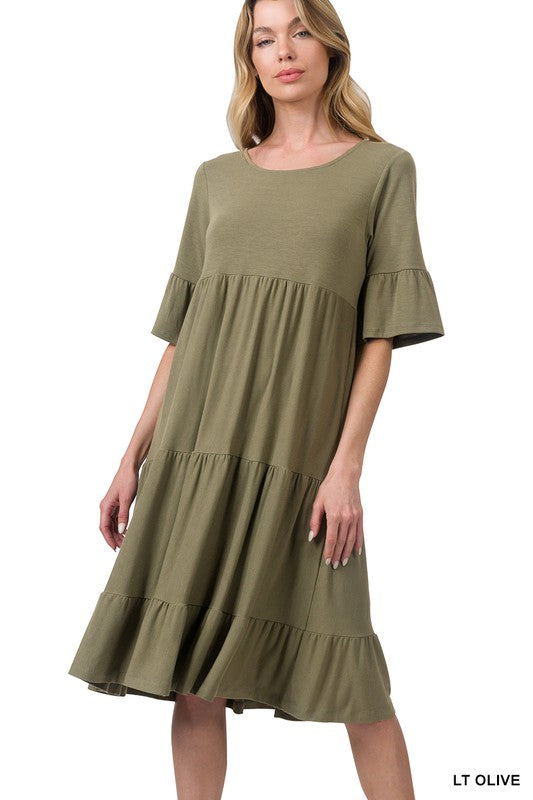 7623- Light Olive Ruffle Sleeve Tier Dress