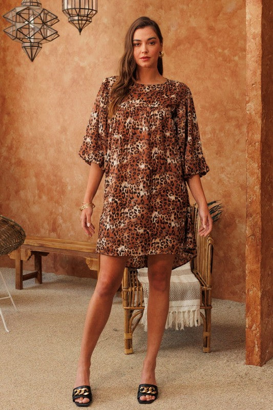 7665- Taupe Leopard Woven Babydoll Dress