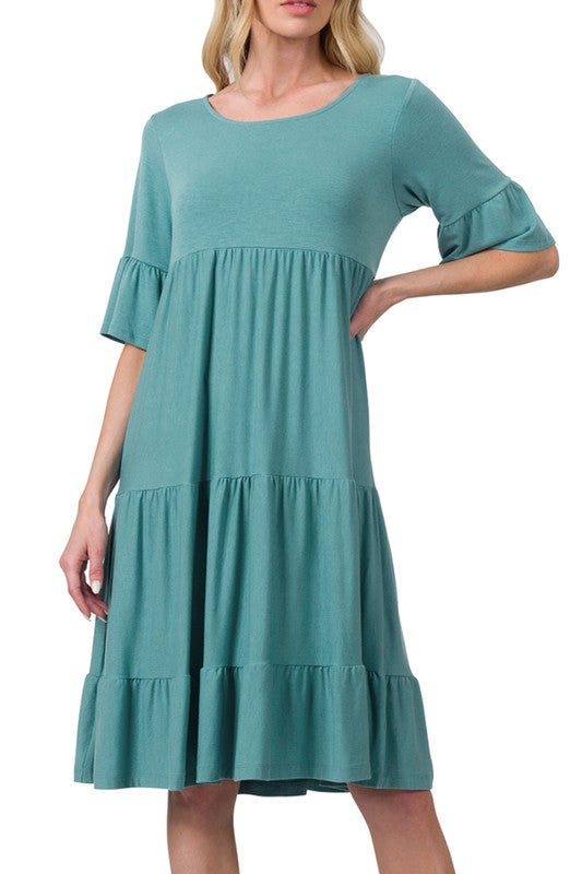 7668- Dusty Teal Ruffle Sleeve Tier Dress