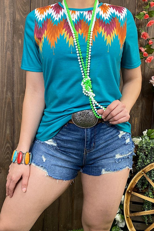 1964- Teal Short Sleeve Top w/ Aztec Top Detail