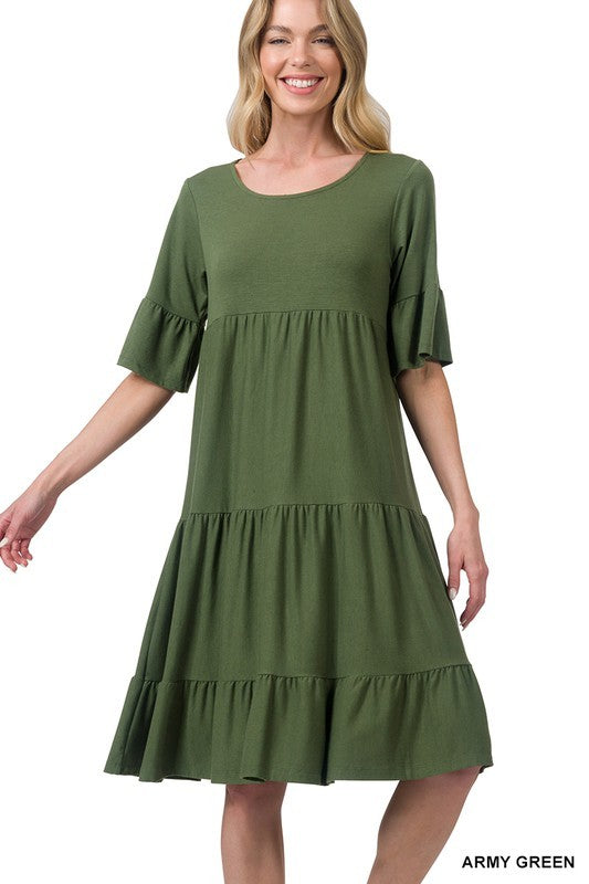 7803- Army Green Tier Ruffle Short Sleeve Dress