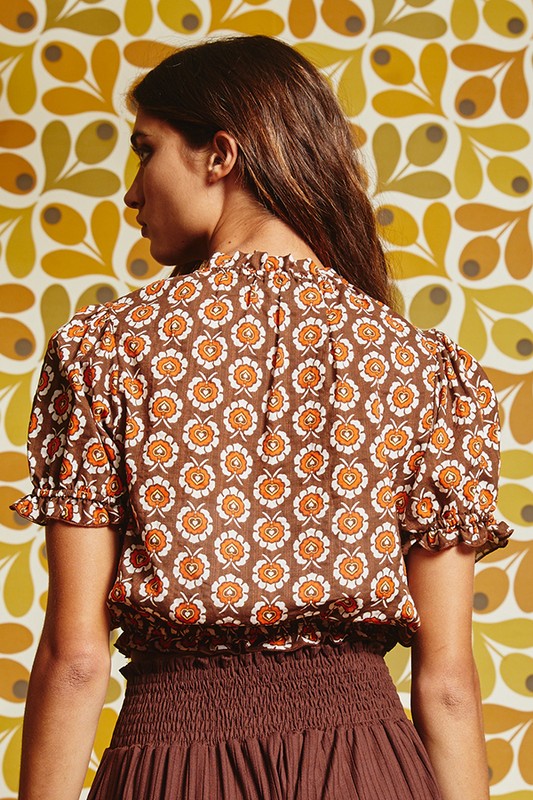 6423- Brown & Orange Floral Mix Ruffle Short Sleeve Crop Top