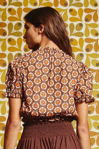 6423- Brown & Orange Floral Mix Ruffle Short Sleeve Crop Top