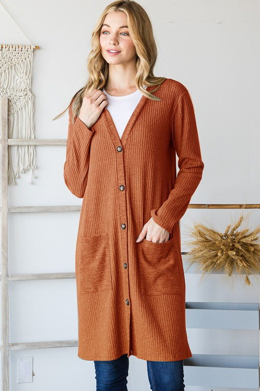 7246- Rust Solid Ribbed Cardigan w/ Pockets