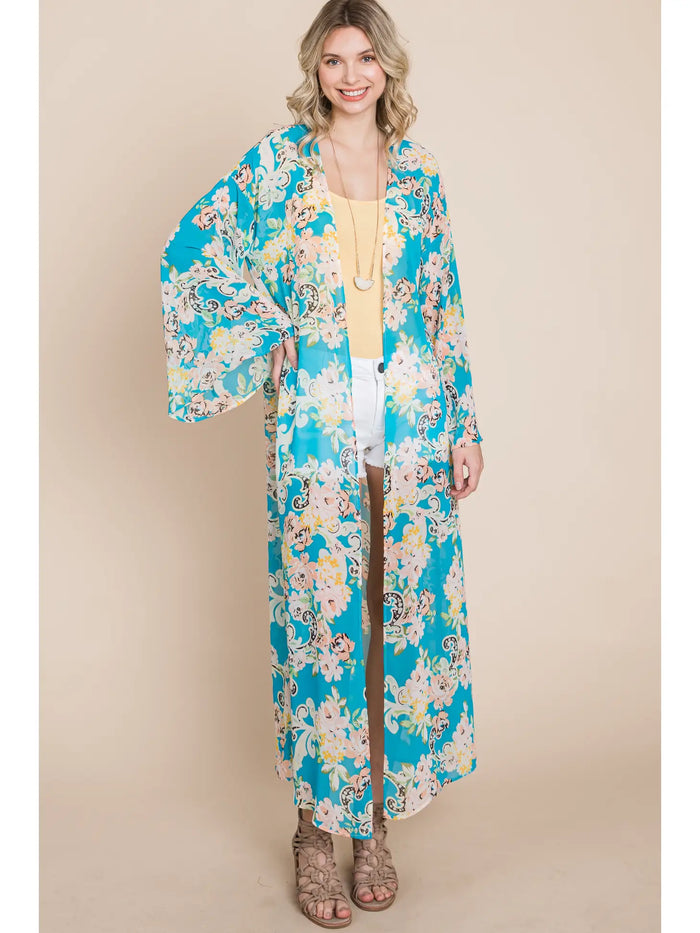 7947- Turquoise Floral Long Duster