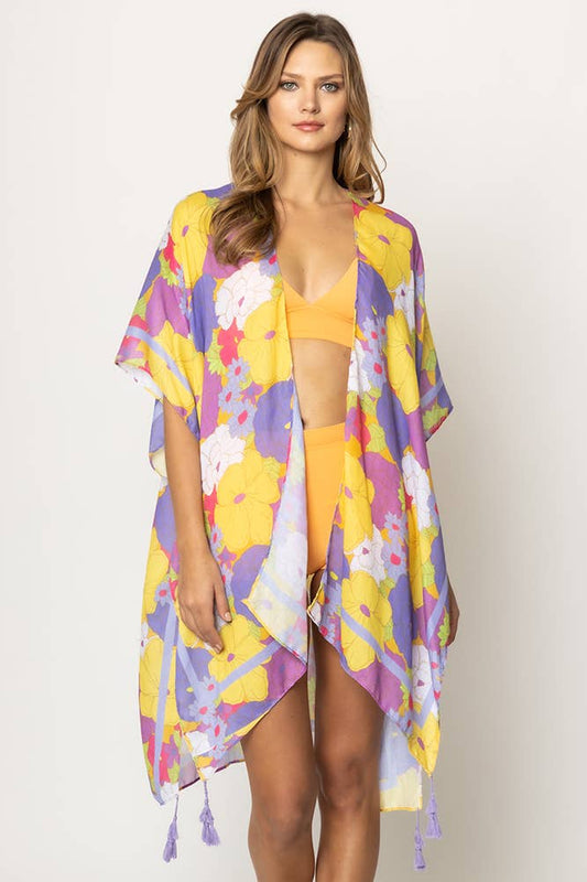 7935- Lavender Floral Print Tassel Kimono