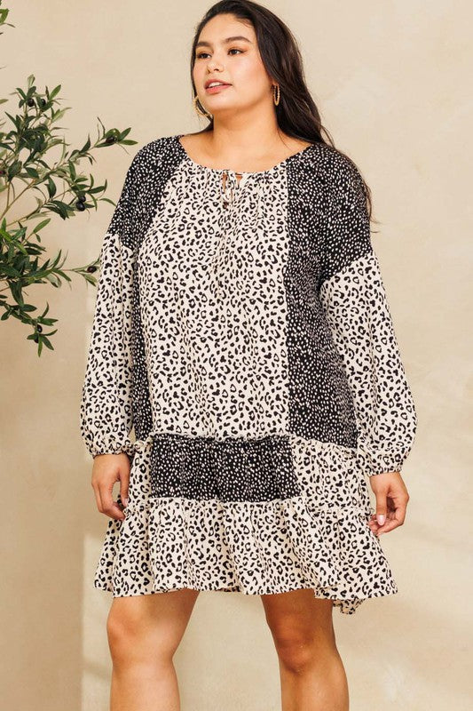 7664- Black & Ivory Leopard Animal Print Dress