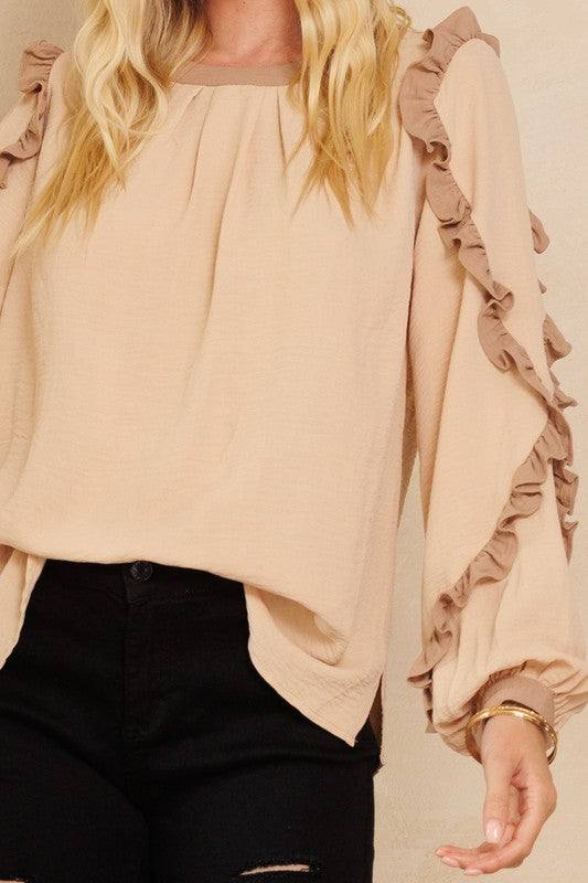 6666- Taupe Long Sleeve Blouse w/ Ruffle Sleeve Detail