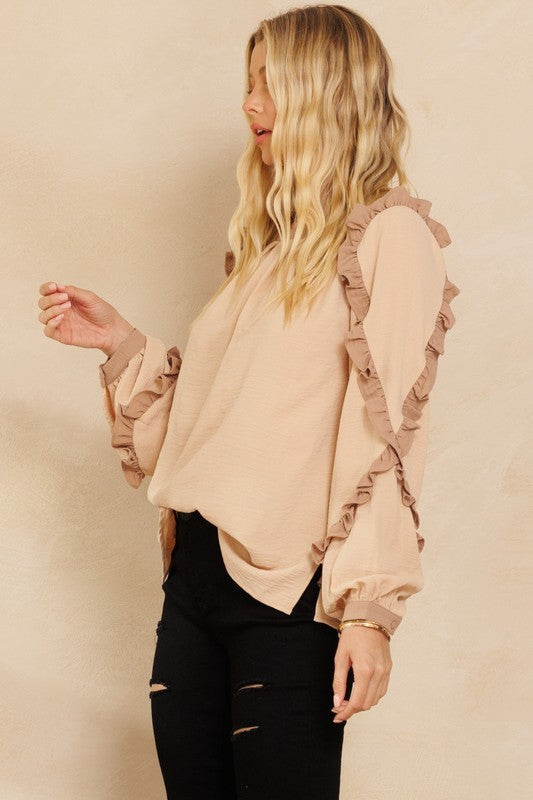 6666- Taupe Long Sleeve Blouse w/ Ruffle Sleeve Detail