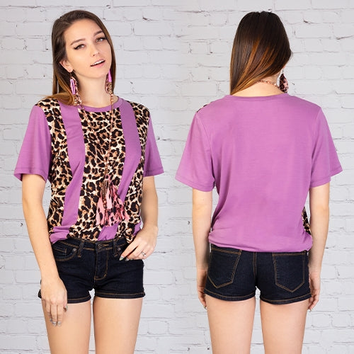 6049- Lavender Top w/ Stripe Leopard Print Detail