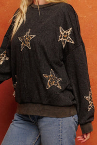 6665- Washed Black Leopard Star Pullover