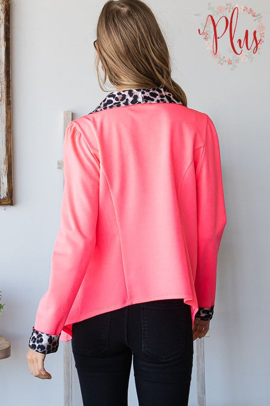 6401- Neon Pink Shawl Open Blazer w/ Animal Print Detail